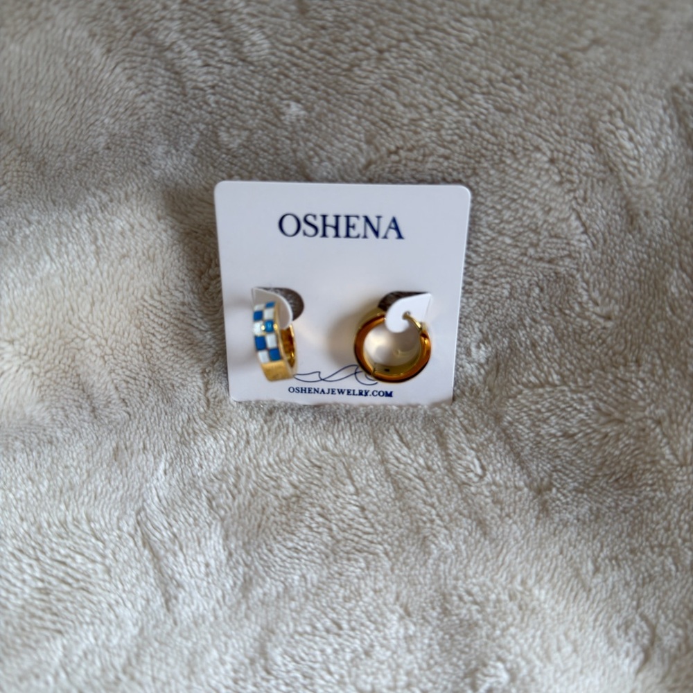 OSHENA Gold and Blue Checkered Hoop Earrings